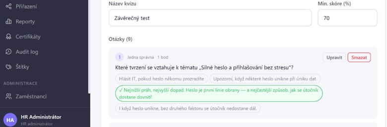 Příprava závěrečného kvízu v LearnHubu